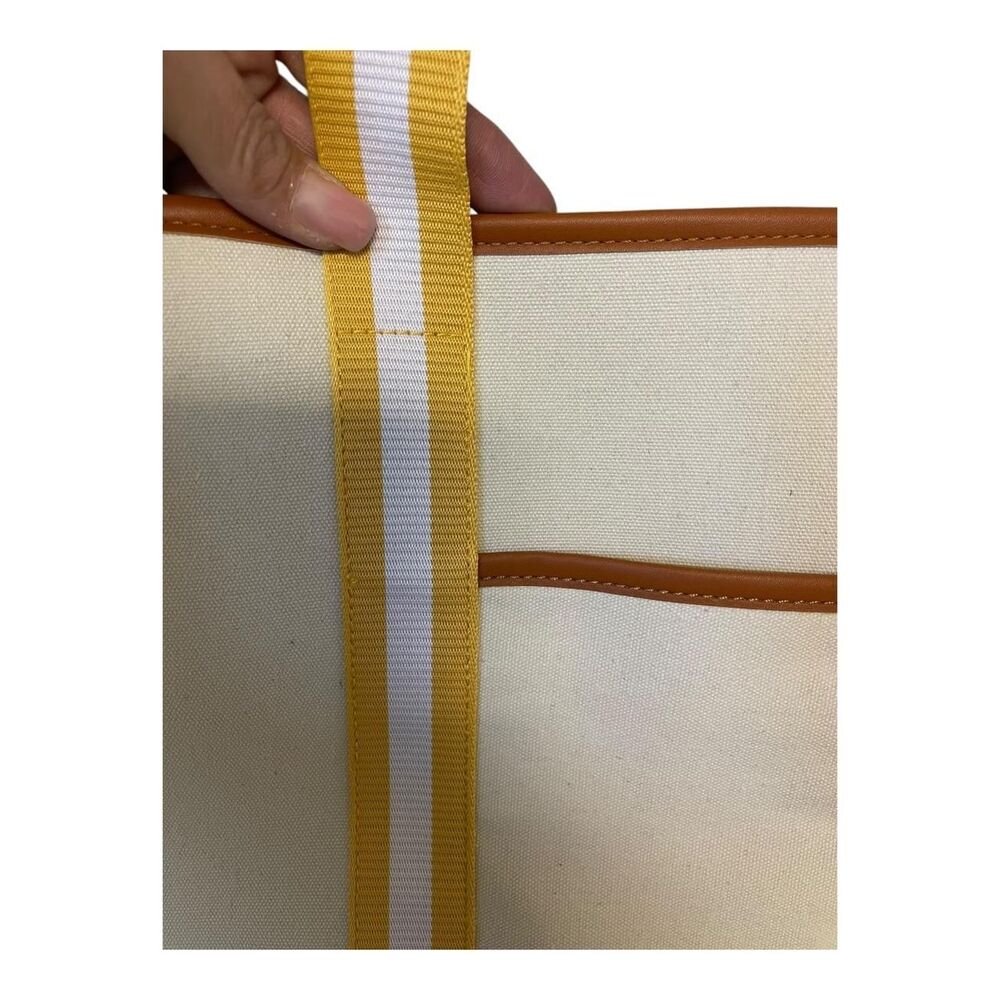 Tan and Yellow Striped Canvas Tote with Interior and Exterior Pockets - Picture 4 of 8